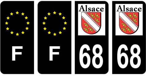 HADEXIA Nummernschild-Aufkleber, französisches Departement 68, Antike Region Alsasse, Schwarz, Farbe & F Frankreich, 4 Stück