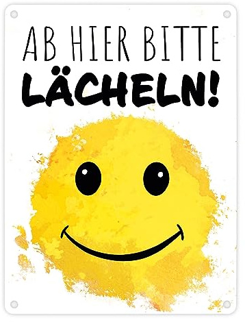 Grinsendes Emoticon Ab hier bitte lächeln Metallschild in 15x20 cm lustiges Blechschild mit Gesicht und witzigem Spruch als Deko für das Büro um Freude zu verbreiten