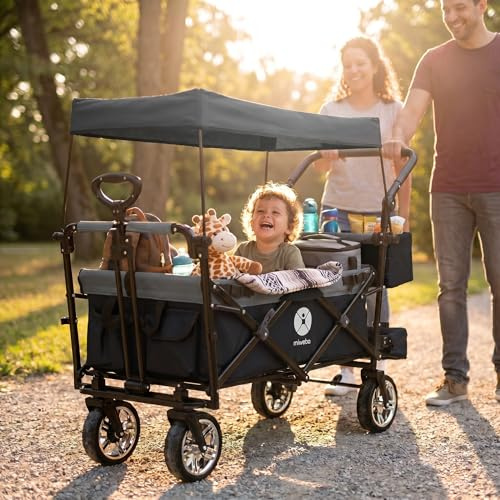 Miweba Faltbarer Bollerwagen MB-20 (Schwarz/Grau) | Sonnendach UV-beständig | 2x Anschnallgurte | Feststellbremse | Transportwagen für Kinder | Traglast 100 kg | Wagen