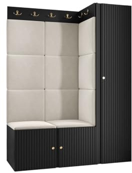 Mirjan24 Garderoben-Set Kirtan Slim IX, Kleiderschrank, Schuhschrank mit 6 Fächer + Kleiderhakenbrett, Gepolstertes Paneel/Wandpaneel, 4 Doppelhaken, Flurgarderobe Wandgarderobe (Schwarz, Manila 02)