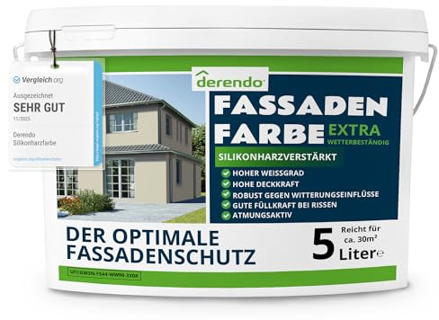 derendo Fassadenfarbe Grün EXTRA silikonharzverstärkt aussen Mauvegrün 5l | Für Putz Beton, Abperleffekt, wasserabweisend, UV-beständig, hohe Deckkraft, rissfüllend, diffusionsoffen, Made in Germany