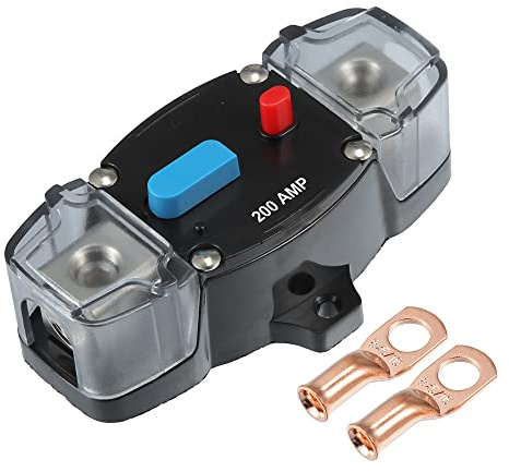 QUARKZMAN 200A Leistungsschalter 12V-48V DC Schwarz 1 Set Überlastschutz | Metall, Für Wohnmobil, Für Boot, Inklusive 2 Stk Batterie Terminal Stecker, Überlastschutz, 10.2X6.4X3.5Cm