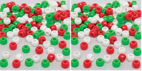 Baker Ross AR691 Großpackung Perlen für Kinder – für weihnachtliche Bastelarbeiten und Dekorationen (500 Stück), Rot, Weiß und Grün (Packung mit 2)