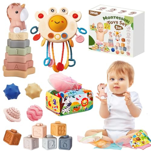 JOKSNK Montessori Spielzugug ab 1 Jahr, 5 In 1 Babyspielzeug, Gestapelter Turm, Tissue -Boxen, Gestapelte Spielzeuge, Squeeze BäLle, Geschenk FüR Jungen Und MäDchen Von 6 9 12 Monaten 1 2 3 Jahre