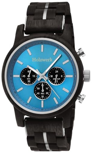 Holzwerk Germany Handgefertigte Designer Herren-Uhr Öko Natur Holz-Uhr Chronograph Armband-Uhr Analog Quarz-Uhr Braun Blau Datum Holz