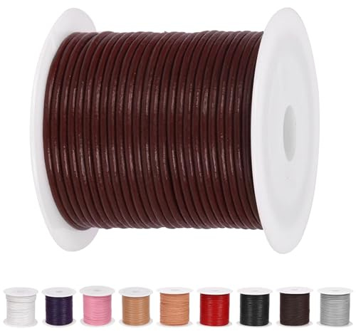Glarks Cordoncino in pelle rotondo, 10 m x 2 mm, colore rosso vino, morbido e liscio, per la realizzazione di collane, bracciali, confezioni, perline artigianali e lacci per scarpe