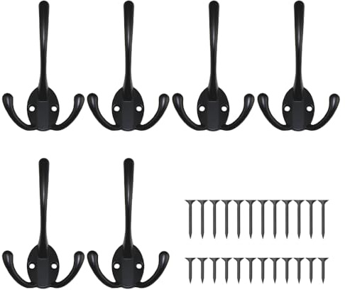 ONEBO 6 Stück Wandhaken Retro,Kleiderhaken Wand Drei Haken Garderobenhaken,Zinklegierung, für Küche, Bad, Schrank, Schrank, Dusche, Schublade, Kleiderschrank, Büro (Schwarz)
