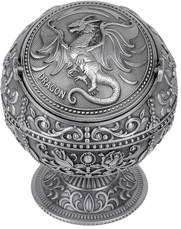 Winddichter großer Aschenbecher mit Klappdeckel für Zigaretten, tragbarer Metall-Drachen-Druck, dekorativer Aschenbecher für Terrasse, Innen- und Außenbereich, Kegel-Räuchergefäß