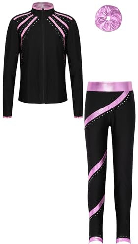 iiniim Mädchen Sport Kleidung Set Eiskunstlauf Anzug Glitzer Sweatjacke + Sport Hose Leggings + Haarband Trainingsanzug Gymnastik Yoga Tanzkleidung Rosa 110-116