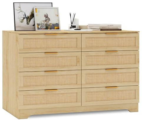 HOPUBUY 8 Drawer Dresser for Bedroom, Rattan Modern Closet Dressers Chest of Drawers, Boho Wood Double Wicker Dresser Storage Closet for Bedroom, Living Room, Entryway (Natural)