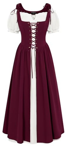 SCARLET DARKNESS Vestito Donna Estivo Medievale Due Pezzi Maniche a Palloncino Vita Cintrata Carnevale Rosso Scuro L