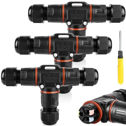 3 Stk 3-polig Kabelverbinder Wasserdicht IP68, T-Form Kabelverbinder Wasserdicht 3-polig Erdkabel Verbindungsmuffe für Ø3-12 mm Kabeldurchmesser, 2 Wege Wasserdichte Abzweigdose für Garten, Outdoor