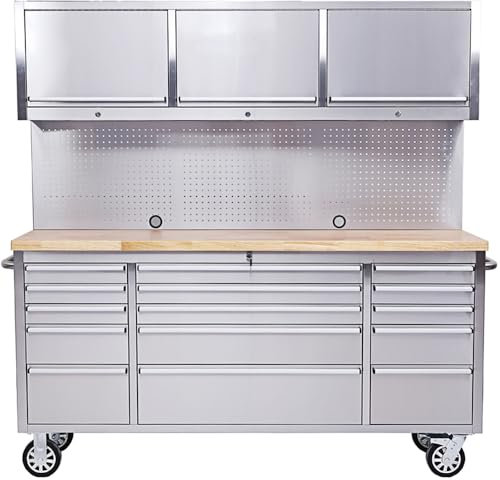 Ondis24 Edelstahl-Werkstattwagen Werkzeugwagen mit 15 Leichtlaufschubladen, 3 Schränken, Lochwand, XL-Massivholzarbeitsplatte, Lenkrollen, fahrbare Werkbank, unbestückt