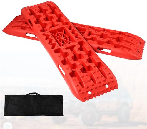 2pcs Off-Road Traction Boards with Jack Lift Base, Red Recovery Traction Tracks Off-Road Traction Mat with Storage Bag for Sand Mud Snow Emergency Tire Traction Accessories