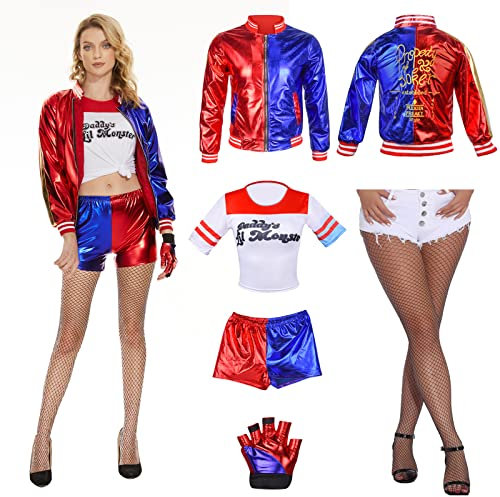 Ulikey Quinn Kostüme für Erwachsene, Halloween Cosplay Jacke, T-Shirt, Shorts, Handschuh und Bösewicht für Karneval (XL)