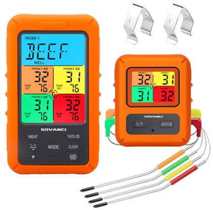 Ieron Termómetro de Alimentos inalámbrico con Pantalla a Color para Barbacoa con 4 sondas Termómetro de Cocina Digital con funcionalidad de múltiples sondas, Lectura instantánea para Carne y horneado