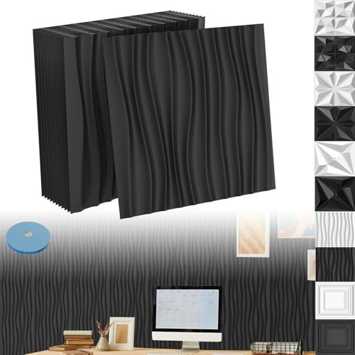 XINZI 3D Wandpaneele PVC Wandverkleidung Wanddeko 50x50 cm, 36 Stück 3D Wandplatten Wall Panels Gaming Wandpaneele, Deckenplatten Wall Deko Panel für Deckenpaneele Wand Panels, Welle Schwarz, 9m²