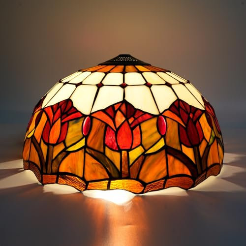 Tiffany Lamp Shade, 16 Inch Pink Red Tulips Ceiling Light Shade Replacement, Handmade Vintage Home Art Deco Stained Glass Lampshade for Table Lamp Pendant Light Floor Lamp(Rosso)
