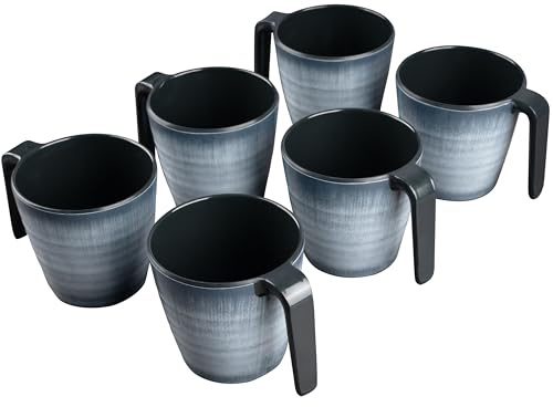 Melamin Tassen 350 ml ideal für Camping 6 Personen - Jesolo Grau Stapelbar - Steingutoptik Trinkbecher Kaffeetasse Kaffeebecher