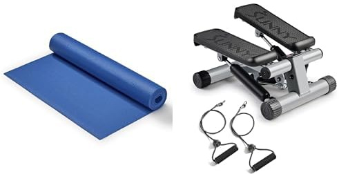 Sunny Health & Fitness Mini Stepper Machine, Stair Stepper Exercise Equipment with Resistance Bands + Yoga Mat - Blue