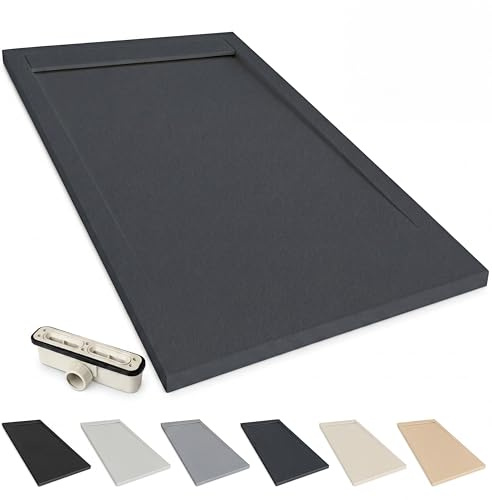 NEBADOON Plato de Ducha Resina Venecia Antideslizante 70x200 Antracita | Antibacteriano, textura pizarra cálida al tacto, válvula 60 l/min incluida, corte a medida, fabricado en España