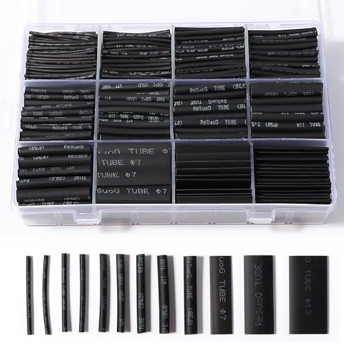 Vinabo Gaines Thermorétractables Noires, 900 Pièces, 12 Tailles | Tubes Thermorétractables, Isolation Électrique, Protection de Câbles, Ratio de Rétraction 2:1