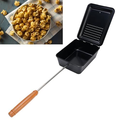 Handwerkspopcorn Grillschale aus Gusseisen mit Holzgriff – Manuelle Popcornpfanne für Herd & Grill, gleichmäßige Wärmeverteilung, ideal zum Selbermachen von Popcorn