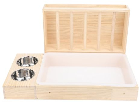 Yosoo Health Gear Kaninchen Heuraufe Katzentoilette Holz Mess Proof, 2 STK. | Futterstation mit zwei Edelstahlnäpfen, Massives Holzgestell, Heuracks für Meerschweinchen Hamster Zwerg Chinchillas, Natur