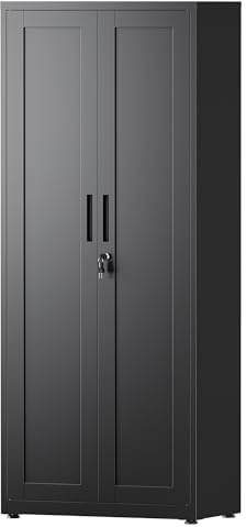 LVSTEEL Aktenschrank, abschließbarer Mehrzweckschrank mit 3 höhenverstellbaren Einlegeböden, Stahl-Büroschrank mit 2 Türen, Schwarz, 181.5×75×40 cm
