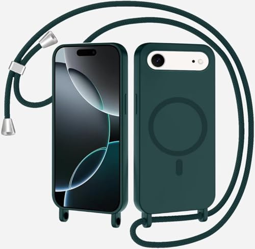 SLWYF Magnetische Handykette für iPhone 17 Air Hülle mit Band, Handyhülle Kompatibel mit MagSafe, Silikon Seil Necklace Handyhülle PU Stoßfest mit Abnehmbar Kordel zum Umhängen Case - Dunkelgrün