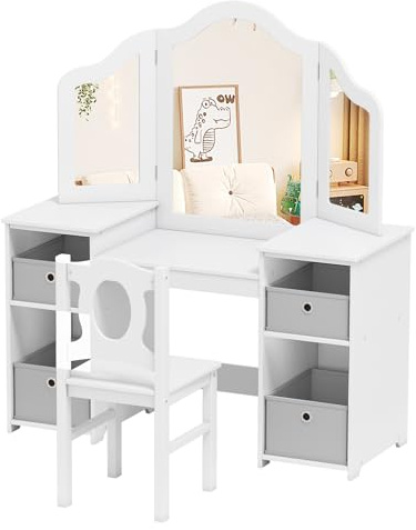 Maxmass Kids Vanity Table and Chair, 2 in 1 Girls Dressing Table Set with Removable Mirror, Princess Makeup Tables for 3+ Years Old (With White Chair and Grey Bins, Chair: 30 x 30 x 66 cm)