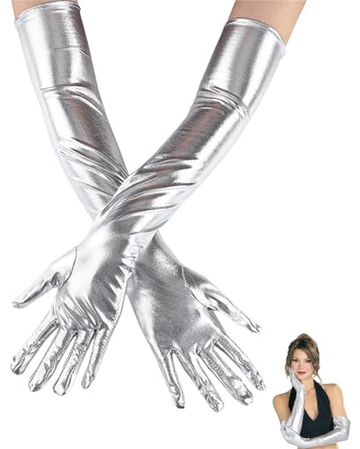 Lange Handschuhe Damen Wetlook,Halloween Silber Schwarze Handschuhe Lang für Kostüm,Black Gloves Costume Elegant,Glänzende Leder-Optik Sexy Look Abendhandschuhe für Halloween Cosplay Party Ball Opera