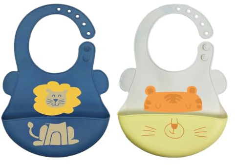 KEQAR Lot de 2 Bavoirs en Silicone pour Bébé, Bavoirs avec Poche de Récupération, 5 Boutons Réglables, Sans BPA, Faciles à Nettoyer, Imperméables pour Garçons et Filles (Lion + Tigre)
