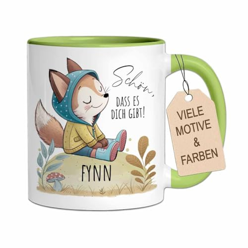 Personalisierte Kindertasse aus Keramik mit Namen | Tasse mit Retro Tier-Motiv als Geschenk für Jungen & Mädchen zu Geburtstag, Einschulung (Fuchs, Grün)