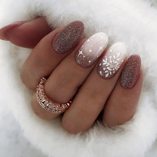 Viugex 24 Stück Weihnachten Press on Nails Mittel Mandel, French Farbverlauf Glitzer Künstliche Nägel mit Schneeflocken & Sternen Design, Elegante Acryl Full Cover Nägel Zum Aufkleben für Frauen