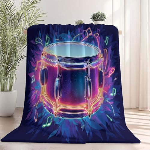 Kuscheldecke Fleecedecke für Couch, Cartoon Noten Trommeln Musikelemente Bedruckte, Dunkelblau Super Weiche und Warme Sofadecke Wohndecke für Ganzjahreszeit, Plüsch und Leicht, 100×130 cm