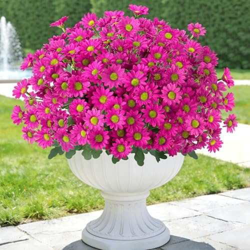 Weldomcor 6 Bündel Künstliche Blumen Gänseblümchen UV Beständige Kunstblumen für Draußen Frühlings Sommer Deko Künstlicher Blumenstrauß für Wohnzimmer Fensterbank Balkon Tisch Deko (Fuchsia)