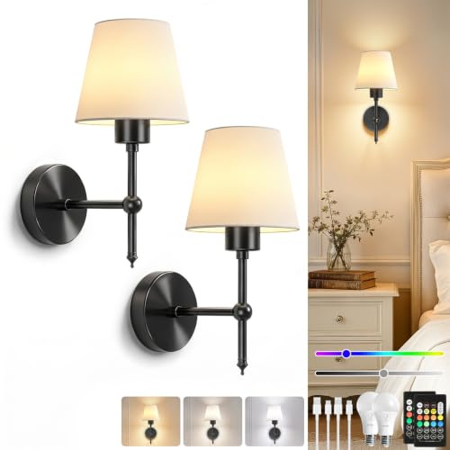 Dehobo Aplique Pared Interior Sin Cable, Negro Aplique Pared Interior | Apliques de Pared LED Recargables con Batería, 3 Temperaturas 12 RGB Mando - Ideal Applique para Dormitorio Salón Pasillo