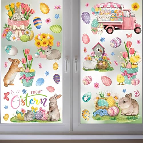 9 Hojas Pegatinas de Pascua Autoadhesivas para Ventanas y Puertas Calidad Superior Decoración Pascual con Huevos de Pascua Corona y Conejo de Pascua Duraderas y Coloridas Adornos para Hogar