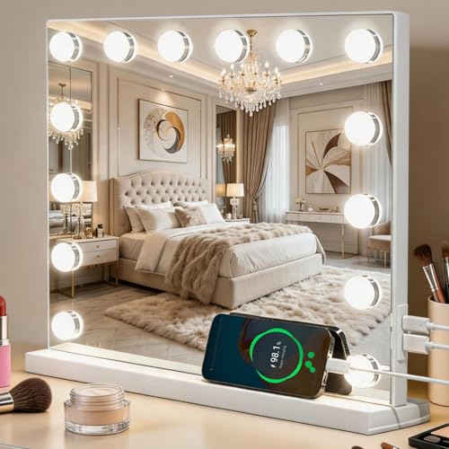 AIMAX Hollywood Schminktischspiegel mit Beleuchtung,50.2 x 42cm,Schminkspiegel mit 3 Farbtemperaturen & Stufenlose Dimmung, 14 LED-Leuchten, Aufstell & Wandmontage, Mit Ladeanschluss, Touch-Steuerung