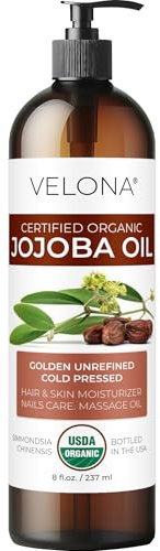 velona Jojoba Oil USDA Certified Organic - 8 fl oz (With Pump) | 100% Pure and Natural | Golden, Unrefined, Cold Pressed, Hexane Free | Moisturizing Face, Hair, Body, Skin Care
