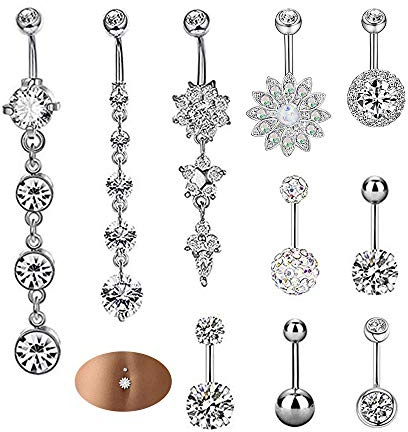NETUME 10 Stück Chirurgenstahl CZ Bauchnabelpiercing, Piercing Bauch Silber Edelstahl, Bauchnabelringe Piercing-Schmuck-Set mit Anhänger(10 Modelle)
