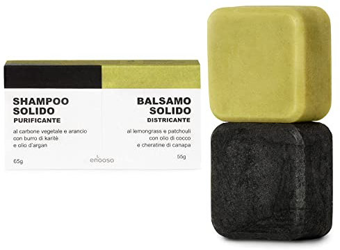 Enooso | Festes Shampoo und Conditioner Set - Bio Duschgel Ohne Seife Stück mit Aktivkohle und Orange | mit Hanfkeratin, Kokosöl, Lemongrass - 100% Vegan & Plastikfrei - 120gr