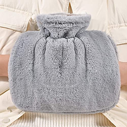 Hot Water Bottle with Cover - Fluffy Hot Water Bottles for Hands,Grey Furry Hot Water Bag with Replacement Stopper,Soft Faux Fur Warm Water Bottle for Women Men Pain Relief