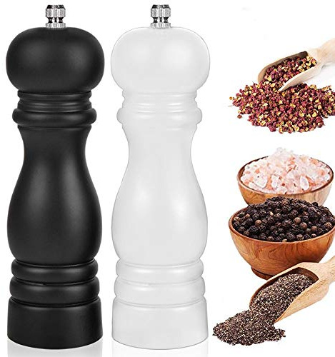 Premium Salt and Pepper Grinder Set of 2, Wood Salt and Pepper Shakers with Ceramic Core, Refillable Manual Sea Salt Pepper Mill Adjustable Coarseness for Spice/Chili/Sesame, 6.5 Inch (Black+White)