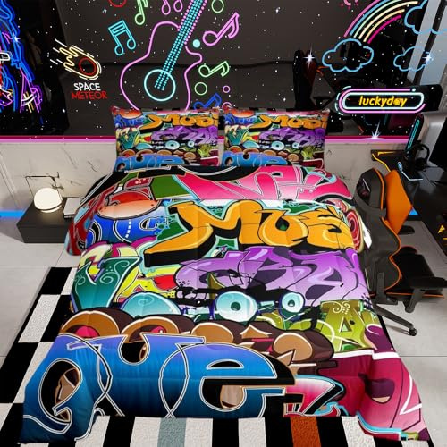 Hippie Graffiti Duvet Insert Teens Boys Hip Hop Sports Duvet for Kids Youth Colorful Alphabet Graffiti Duvet Cover Abstract Art Quilted Duvet Set Multicolor Double Size