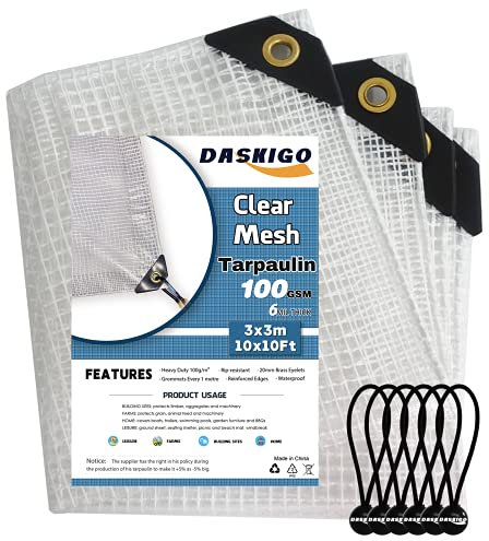 DASKIGO 3 x 3 m Heavy Duty Reinforced Mesh Clear Waterproof Tarpaulin Cover Mono Sheet Clear & 6PCS Bungee Balls