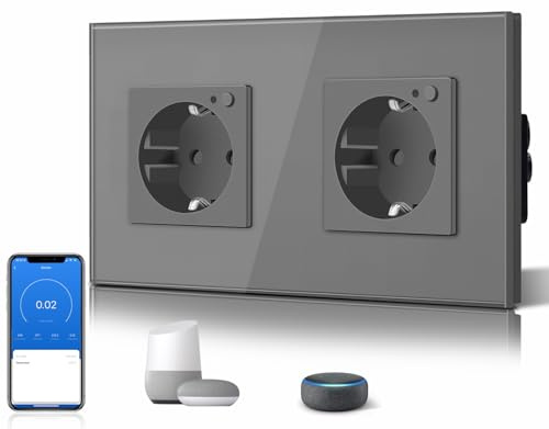 BSEED Schuko Wifi Doppelt Steckdose Unterputz mit Energieüberwachung 16A Smart Alexa, APP-Steuerung Arbeit mit Alexa/Google Home Stromverbrauch messen, Zeitpläne, Timer, Nur 2.4 GHz Grau