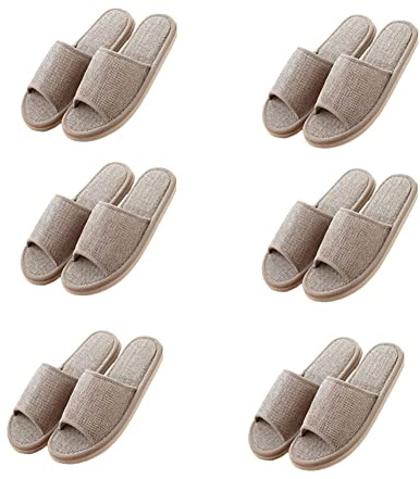 Teceyfeet Set di 6 paia di pantofole in lino, per ospiti, con punta aperta, pantofole da bagno, antiscivolo, lavabili, 2 paia S beige 2 paia M beige 2 paia L beige, 30/43 EU