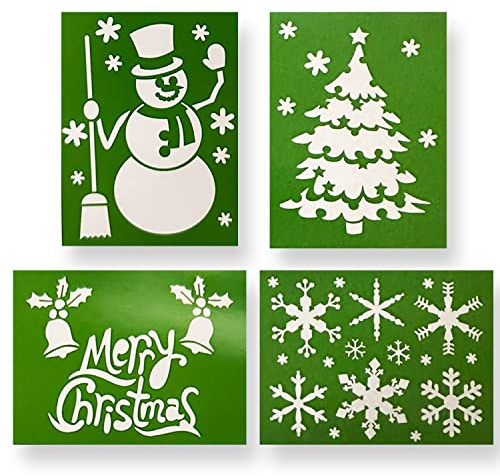 AKH® Weihnachts-Fensterschablone | 4 Stück | 28,5 x 21 cm | Sprühschnee | Wiederverwendbare Kunststoffvorlagen | für Handwerk Kunst Zeichnen Malen Sprühen Fenster Glas | Schneeschablonen Vorlage